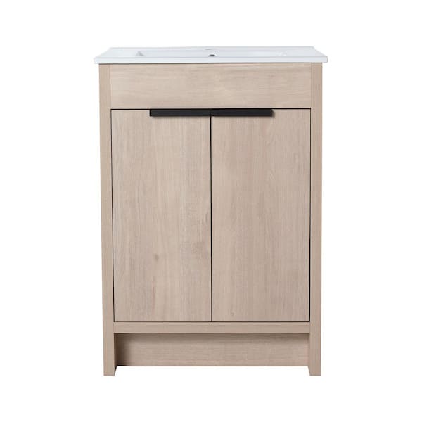 24 in. W x 18.31 in. D x 34.25 in. H Single Ceramic Sink Top Freestanding Bath Vanity in Plain Light Oak with White