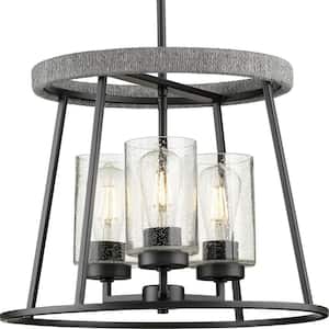 Laramie Collection 3-Light Matte Black Rustic Modern Clear Seeded Glass Chandelier