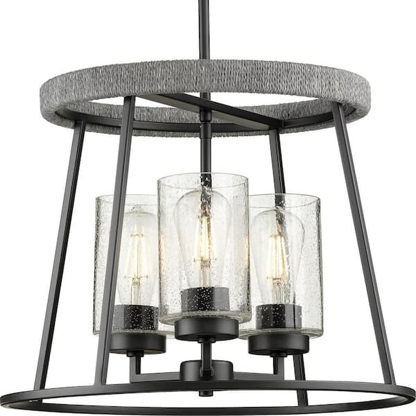 Progress Lighting Laramie Collection 3-Light Matte Black Rustic Modern Clear Seeded Glass Chandelier