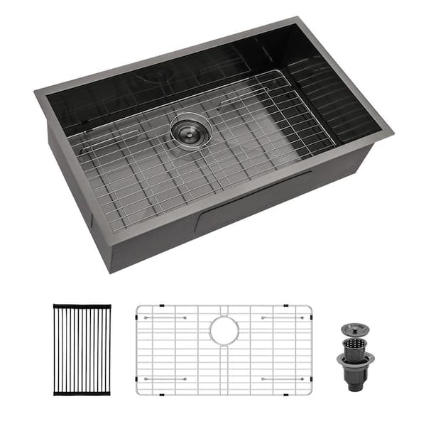 Sarlai Gunmetal Black 18-Gauge Stainless Steel 32 in. Single Bowl Undermount Kitchen Sink with Bottom Grid and Drain Assembly