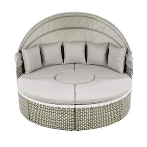 Gray Wicker Rattan Outdoor Round Sectional Sofa Set with Retractable Canopy, Separate Seating and Removable Cushion
