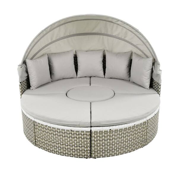 ITOPFOX Gray Wicker Rattan Outdoor Round Sectional Sofa Set with Retractable Canopy, Separate Seating and Removable Cushion