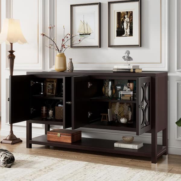 60 in. Espresso Rectangle Wood Console Table with Mirrored Doors and Open Shelf