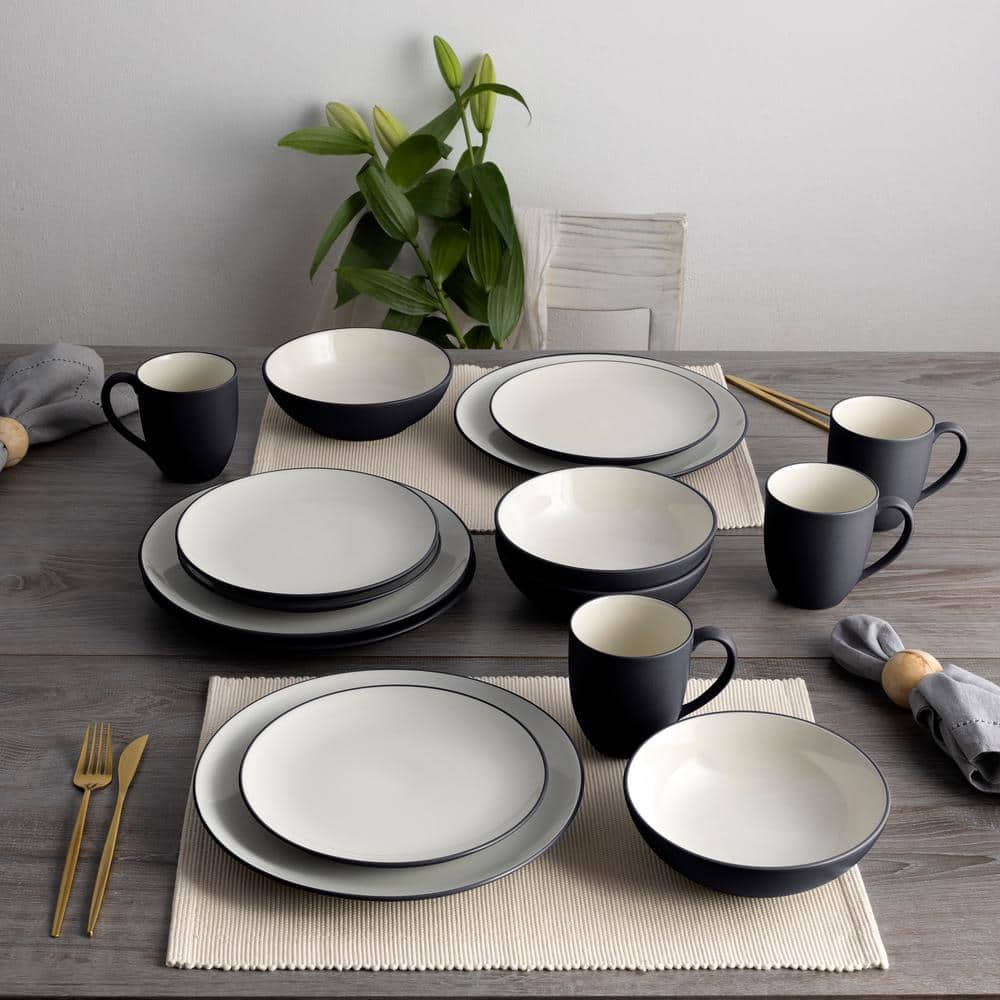 Matte Black and White Ceramic 4-Piece Dinnerware Set