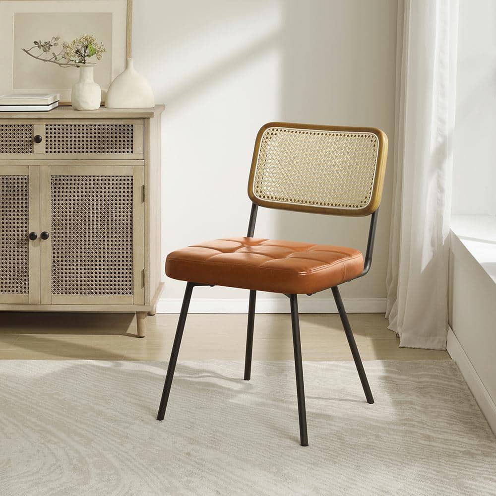 Yellow Brown Faux Leather Upholstered Rattan Cane Side Chair Set