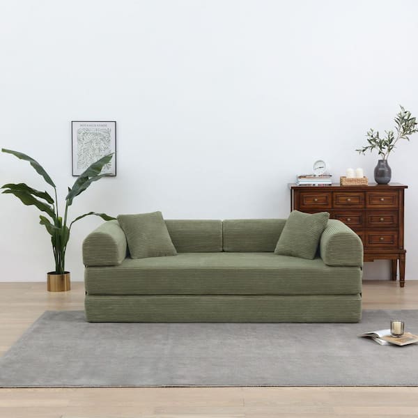 Light Green Chenille Round Arm Chaise Lounge, Corduroy King Sofa Bed, Folding Couch or Sofa