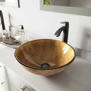 Glass Round Vessel Bathroom Sink in Wooden Brown with Linus Faucet and Pop-Up Drain in Antique Rubbed Bronze