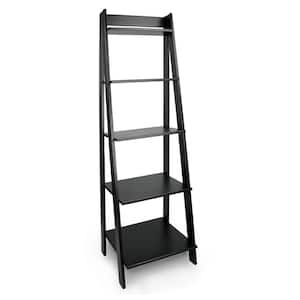 62.2 in. Black Wood 5-shelf Ladder Bookcase with Open Back