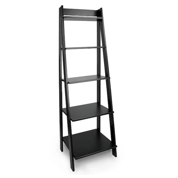 Jela-USA 62.2 in. Black Wood 5-shelf Ladder Bookcase with Open Back