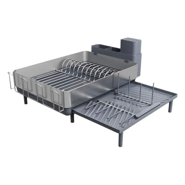 Gray Stainless Steel Dish Drying Rack, Expandable Dish Rack with Multifunctional Flip Up Pegs for Kitchen Counter