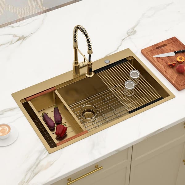 33 in. x 22 in. Gold Drop-In Single Bowl 16 Gauge Stainless Steel Workstation Kitchen Sink with Sink Accessories