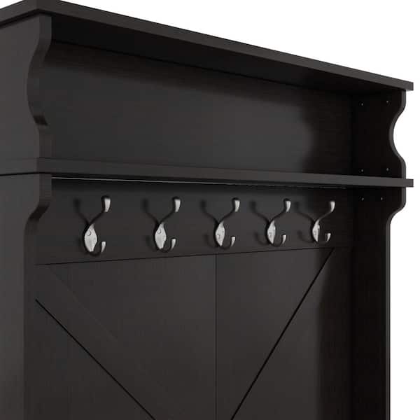 URTR Black Hall Tree with Storage Shelves and Hooks Hallway Shoe