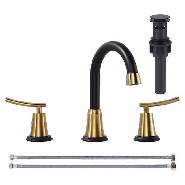 AVITAS 8 in. Widespread 2-Handle Bathroom Faucet with Pop-Up Drain Assembly in Black and Gold
