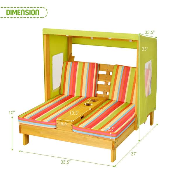 KIDs Fir Wood Outdoor Chaise Lounge Chair with Awning, Cup Holders and Colorful Cushion