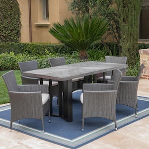 Taylor Grey 7-Piece Polyethylene Faux Rattan Outdoor Dining Set with Silver Cushions