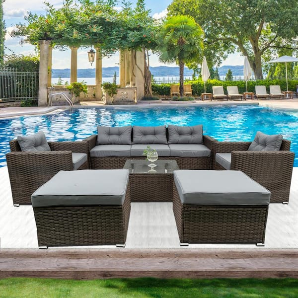 Runesay 6-Piece PE Rattan Wicker Outdoor Patio Furniture Sectional Sofa Set with Temper Glass Top and Removeable Gray Cushion