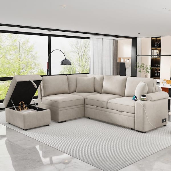 Harper & Bright Designs L-Shaped 84.75 in. Beige Linen Twin Size