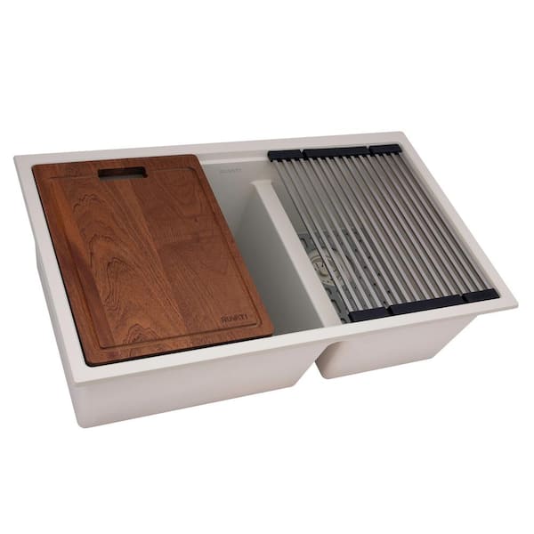 epiRock 33 in. Undermount Double Bowl Workstation Kitchen Sink in Warm White Granite Composite