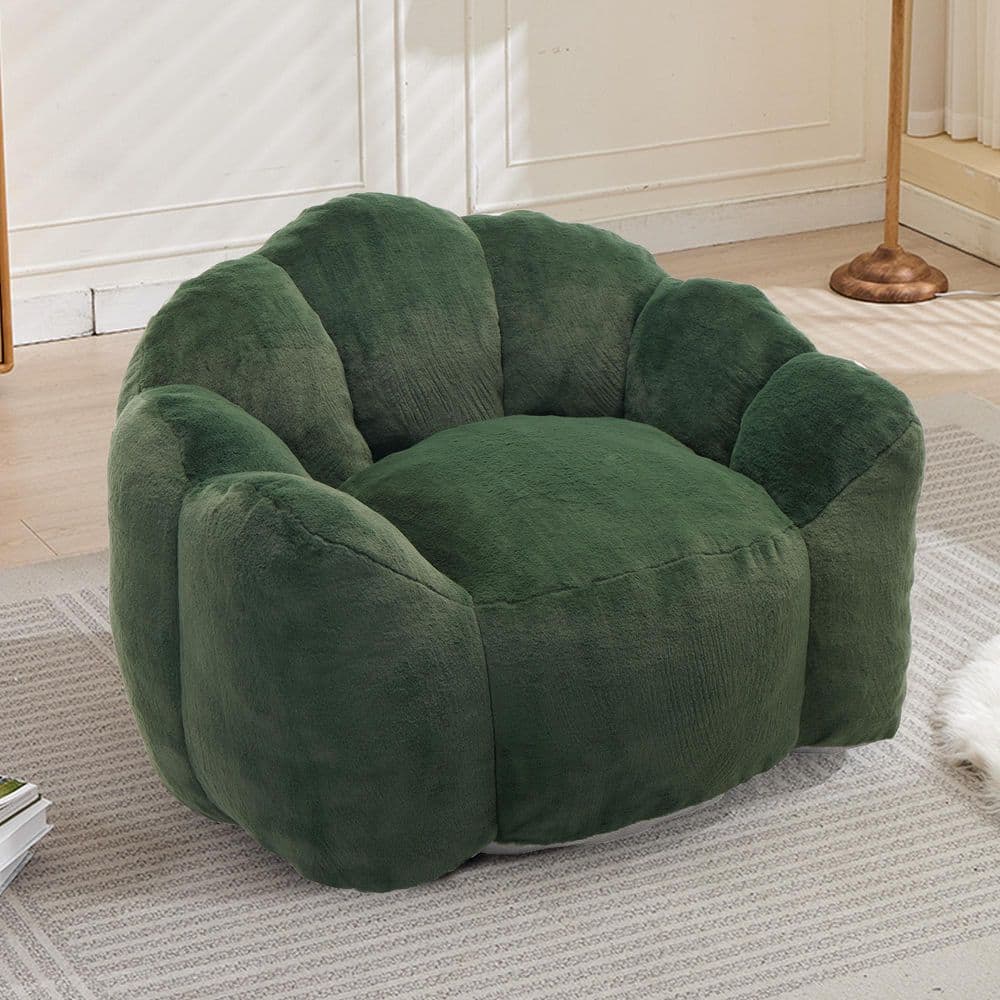 Green Faux Fur Antifouling Fabric Lotus Type Compression Bean Bag Sofa with Pull Ring