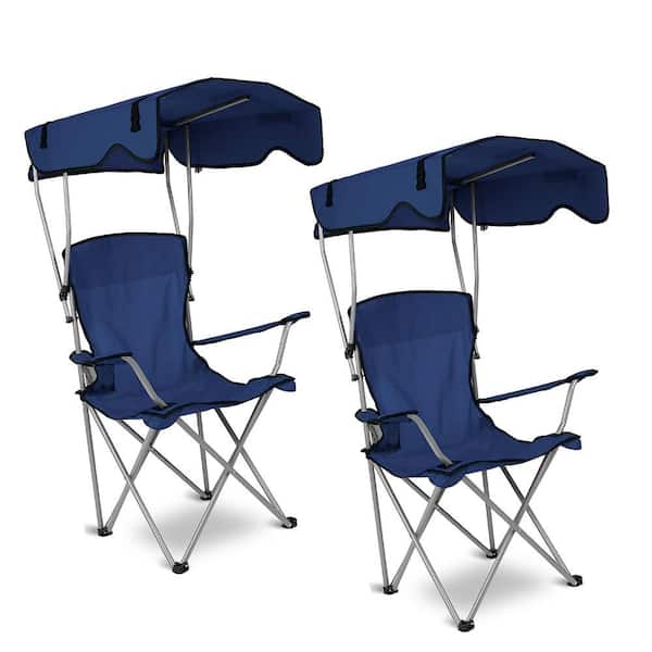 Folding Outdoor Camping Chair, 2-Piece Oversized Portable Chair Set w/ Sun Protection, for Beach, Fishing-Navy Blue
