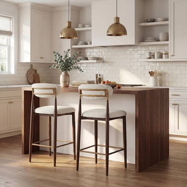 Modern 37.25 in. H Brown High Back Metal Counter Height Stool with Fabric Upholstered Seat (Set of 2)