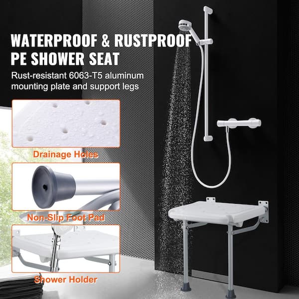 Folding PE Shower Seat-15.7" x 14.8", Wall-Mounted, 500 lbs. Capacity Space-Saving for All Age Users, White, Polystyrene