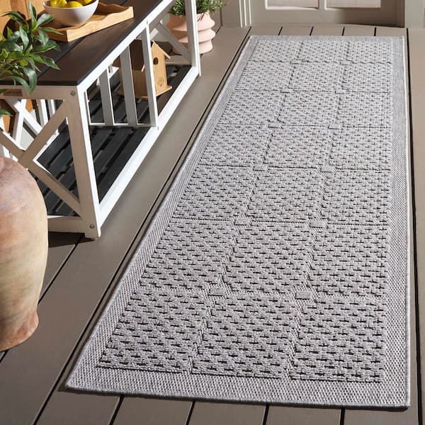 Milos Gray 2 ft. x 8 ft. High-Low Geometric Border Indoor/Outdoor Runner Rug