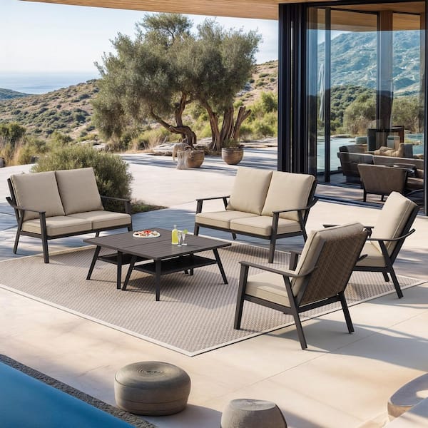 PURPLE LEAF 6 Piece Patio Furniture Set w/ Cushions Metal Patio Conversation Sets w/ 2 Armchairs and 2 Loveseats and 2 Coffee Tables