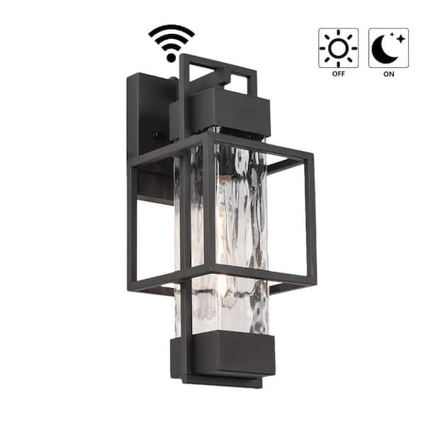 1-Light Textured Black Water Glass Not Motion Sensing Dusk to Dawn Outdoor Hardwired Wall Lantern Sconce, No Bulbs