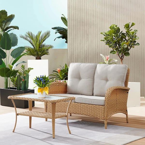 Gymojoy Carlos Natural 2-Piece Wicker Patio Conversation Set with Off White Cushions