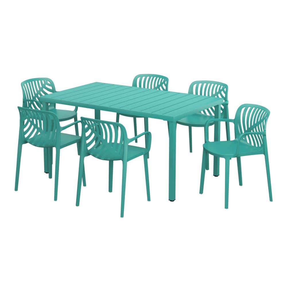 Frond&Form Outdoor Patio Modern 7-Piece Rectangular Steel Table, 6 Stackable HDPE Plastic Chairs Dining Set, Turquoise price history on PriceWatchPro