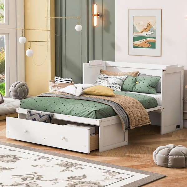 Qualler White Wood Frame Full Size Murphy Bed with USB Port and Drawer
