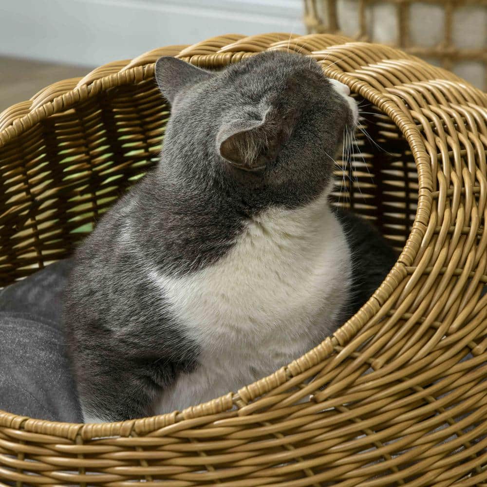 Small Light Brown Rattan Wicker Cat Bed with Cushion