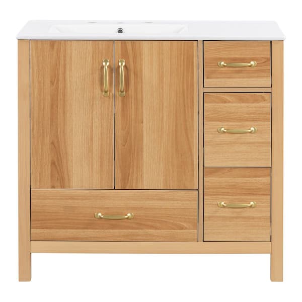 36 in. Freestanding Acacia Wood Bath Vanity with White Ceramic Top Unassembled