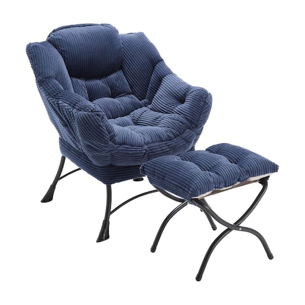 Metal Outdoor Chaise Lounge in Navy Blue with Cushions and a Side Pocket Footrest