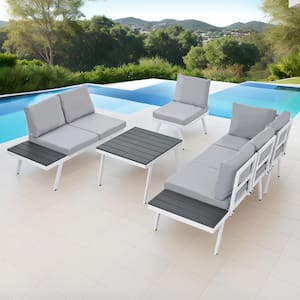 White Aluminum Frame 5-Piece Outdoor Patio Modern Sectional Sofa Set with End Tables, Coffee Table with Gray Cushion