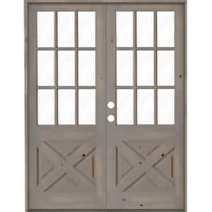 64 in. x 96 in. Knotty Alder 2 Panel Right-Hand/Inswing 1/2 Lite Clear Glass Grey Stain Double Wood Prehung Front Door