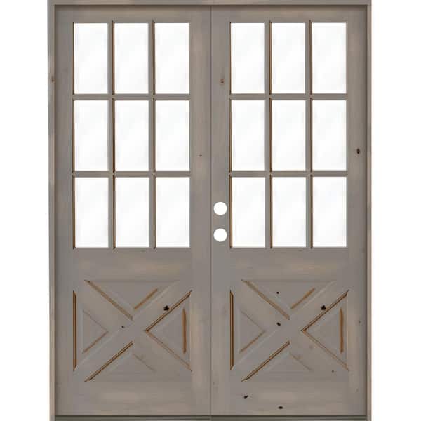 Krosswood Doors 64 in. x 96 in. Knotty Alder 2 Panel Right-Hand/Inswing 1/2 Lite Clear Glass Grey Stain Double Wood Prehung Front Door