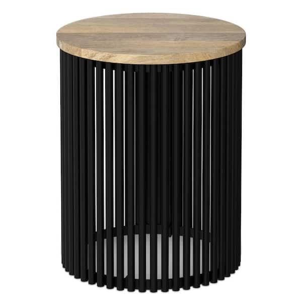 Simpli Home Demy 20 in. Metal/Solid Mango Round Accent End Table in Natural/Black with Slatted Base