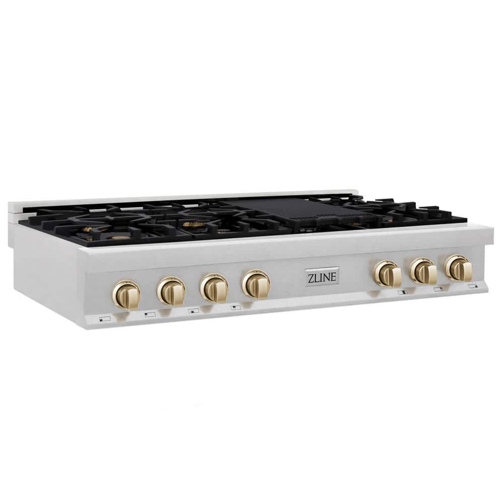ZLINE Kitchen and Bath Autograph Edition 48 in. 7 Burner Front Control Gas Cooktop with Polished Gold Knobs in Fingerprint Resistant Stainless, Fingerprint Resistant Stainless Steel & Polished Gold