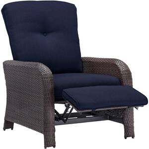 Corrolla 1-Piece Wicker Outdoor Reclinging Patio Lounge Chair with Navy Cushions