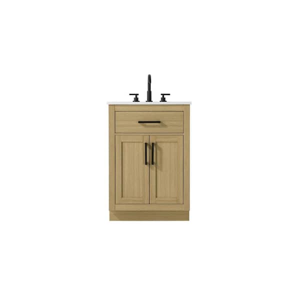 24 in. Single Sink Honey Brown Bath Vanity with White Engineered Marble Top