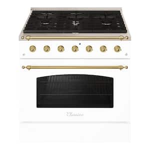 CLASSICO 36 in. 5.2 Cu. ft. 6 Burner Freestanding Dual Fuel Range with LP Gas Stove and Electric Oven, White Brass Trim