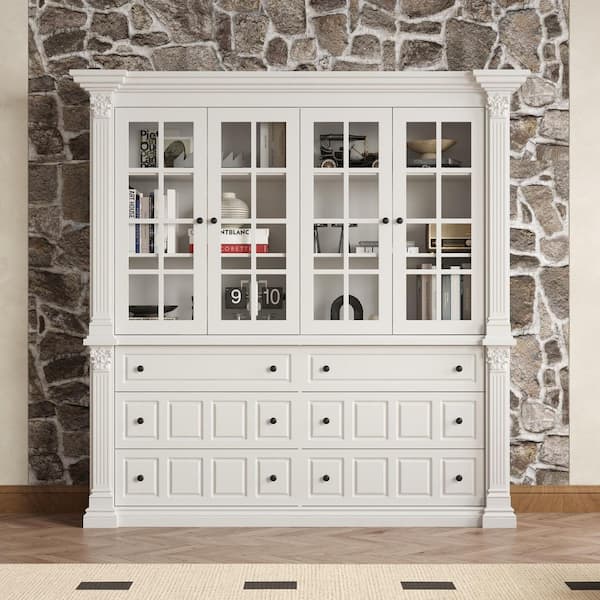White Finished Wood Sideboard, Buffet, Accent Storage Cabinet, Bookcase with 4-Glass Doors, 6-Shelves and 6-Drawers