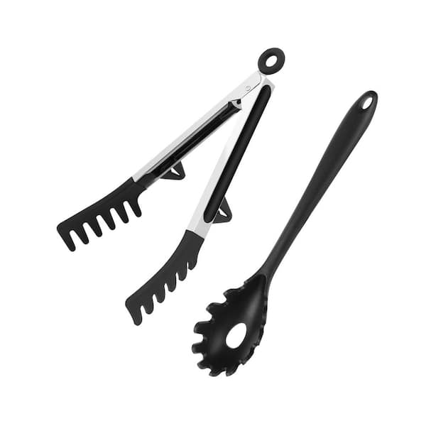 Black Silicone Spaghetti Spoon and Pasta Tong Set with Non-Stick Safe Sturdy Server for Cooking Serving