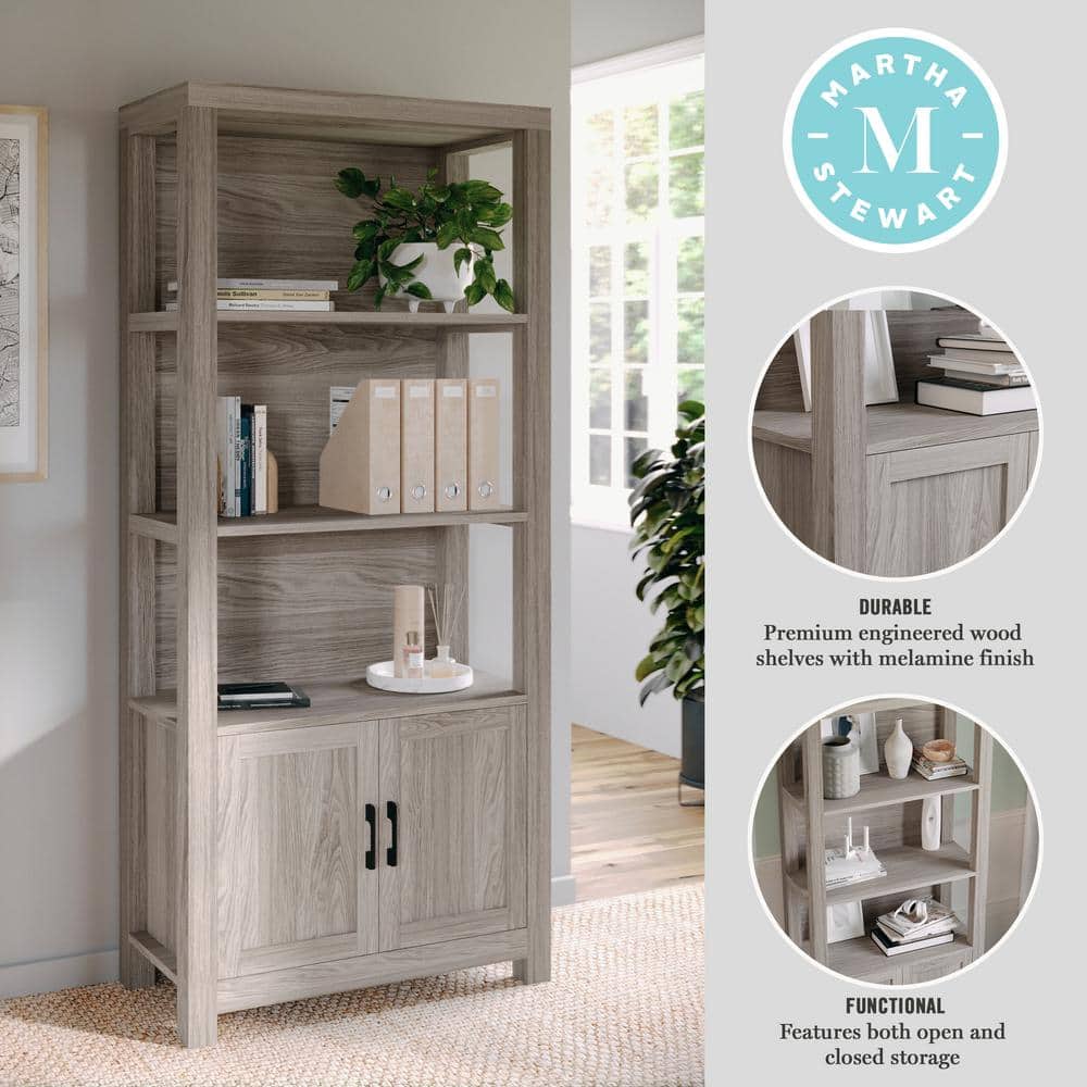 Martha Stewart 68" Gray Wood Shaker Bookcase with Storage Cabinet