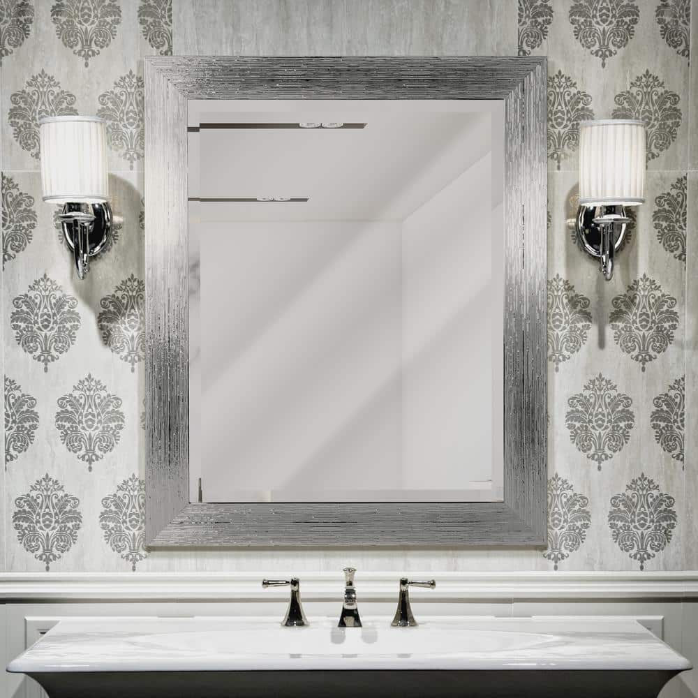 Elegant Chrome and White Textured Rectangular Beveled Wall Mirror - 27.5" x 33.5"