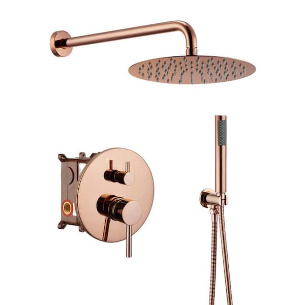 Mondawe 2-Spray Patterns 10 in. Round Wall Mount Rainfall Dual Shower Heads with Bathroom Showers in Golden Rose