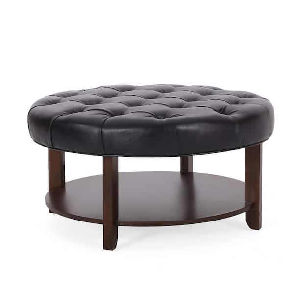 Noble House Aldrich Midnight Black and Espresso Tufted Open Shelf Ottoman