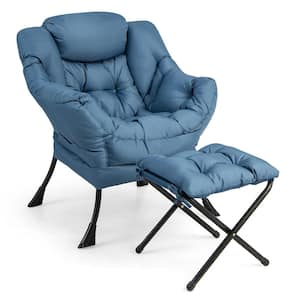 Blue Lazy Sofa Chair Accent Leisure Armchair with Folding Footrest & Storage Pocket